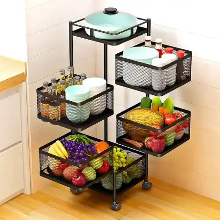 5 Layer Square Shape 360 degree rotating vegetable shelf Kitchen storage rack